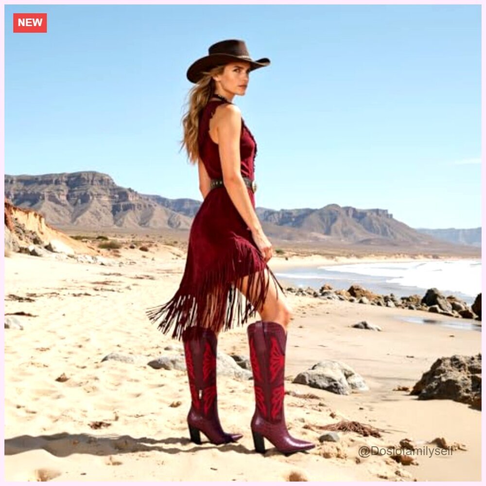 Women's Knee High Cowboy Boots Pointed Toe Chunky Heel Butterfly Embroidery - Picture 3 of 7
